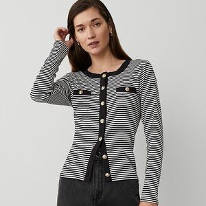 ANN TAYLOR NWT XL L Stripe Button Knit Jacket in Black/White • Lightweight Top